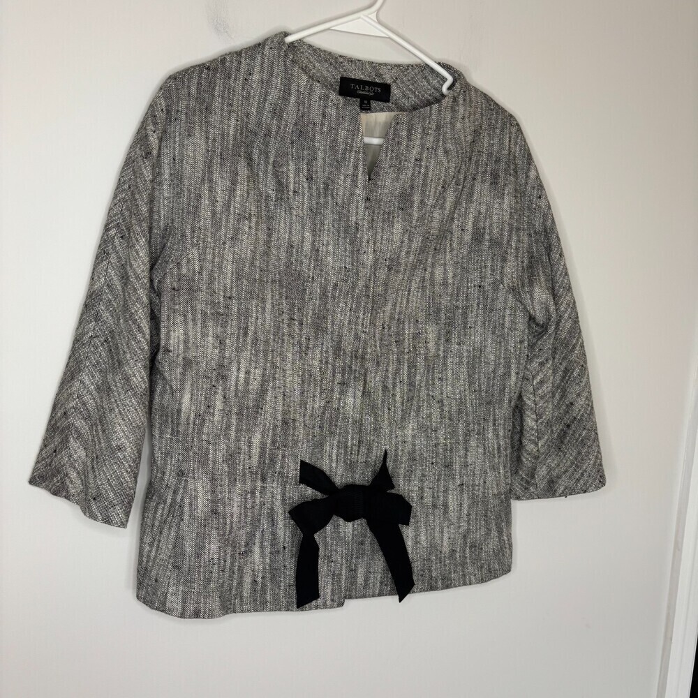 TALBOTS Linen Blend Blazer Womens 10 Black White Tweed Hidden Snaps Tie Bow
